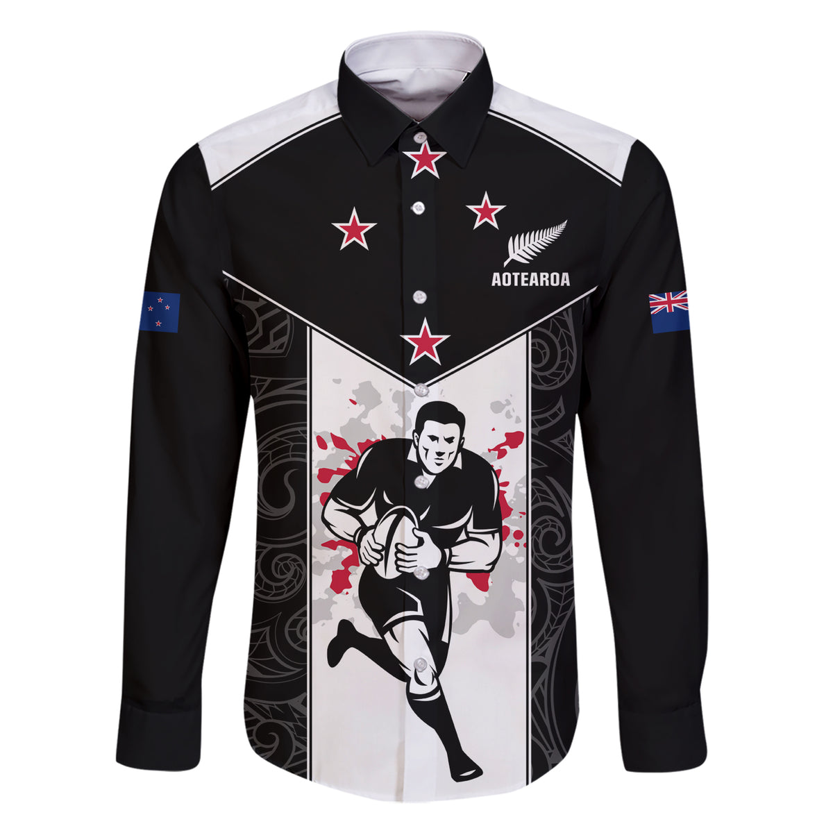 Custom New Zealand Player Rugby Family Matching Short Sleeve Bodycon Dress and Hawaiian Shirt World Cup 2023 Maori Pattern LT05 Dad's Shirt - Long Sleeve Black - Polynesian Pride
