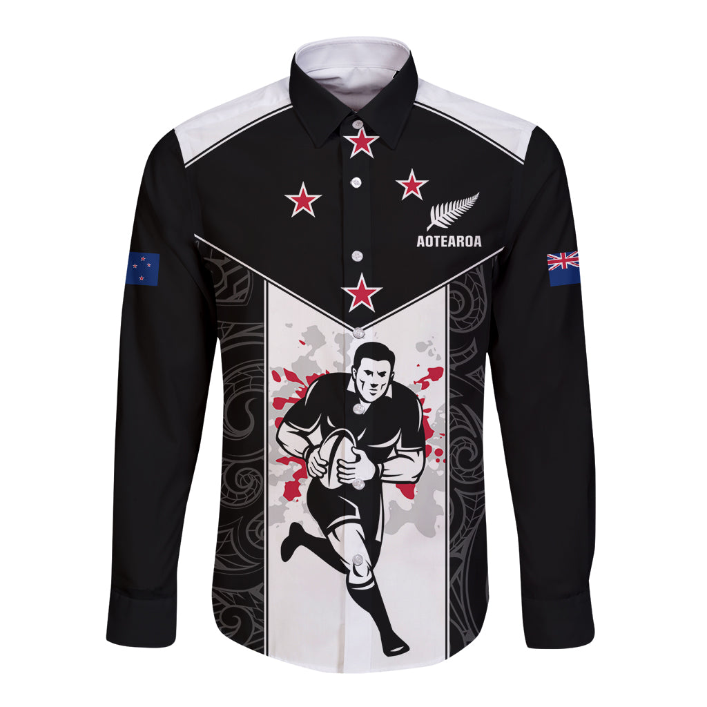 Custom New Zealand Player Rugby Long Sleeve Button Shirt World Cup 2023 Maori Pattern LT05 Unisex Black - Polynesian Pride