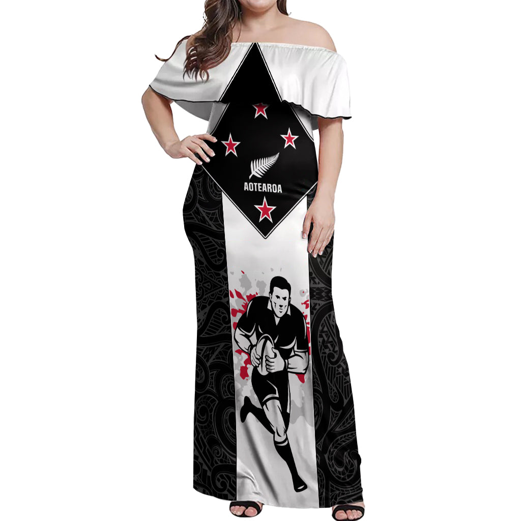 Custom New Zealand Player Rugby Off Shoulder Maxi Dress World Cup 2023 Maori Pattern LT05 Women Black - Polynesian Pride