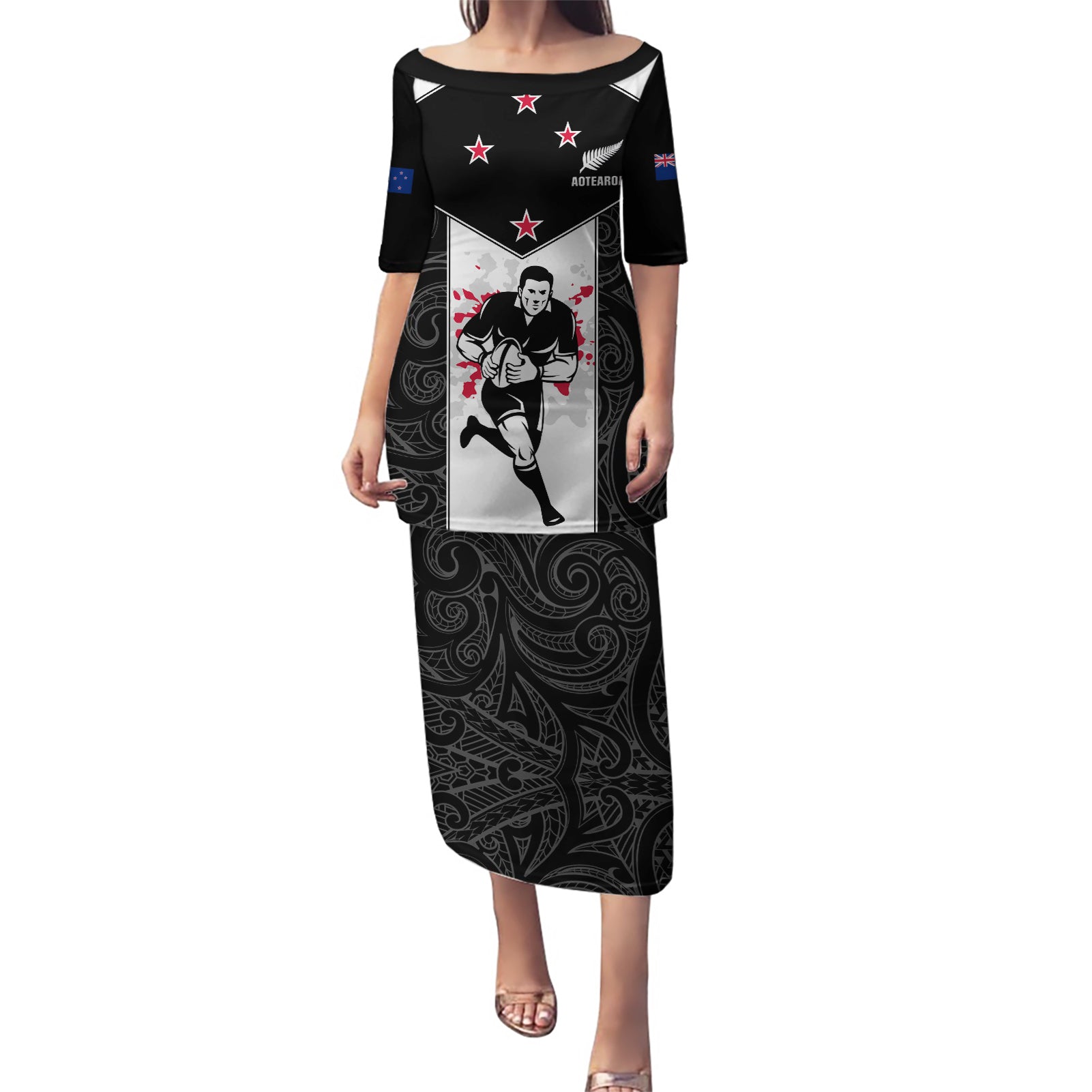 Custom New Zealand Player Rugby Puletasi World Cup 2023 Maori Pattern LT05 Long Dress Black - Polynesian Pride