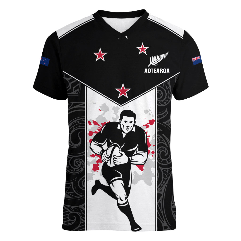 Custom New Zealand Player Rugby Women V Neck T Shirt World Cup 2023 Maori Pattern LT05 Female Black - Polynesian Pride