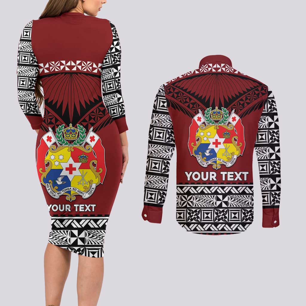 Personalised Tonga Constitution Day Couples Matching Long Sleeve Bodycon Dress and Long Sleeve Button Shirt Tongan Kupesi Ngatu Pattern LT05 - Polynesian Pride