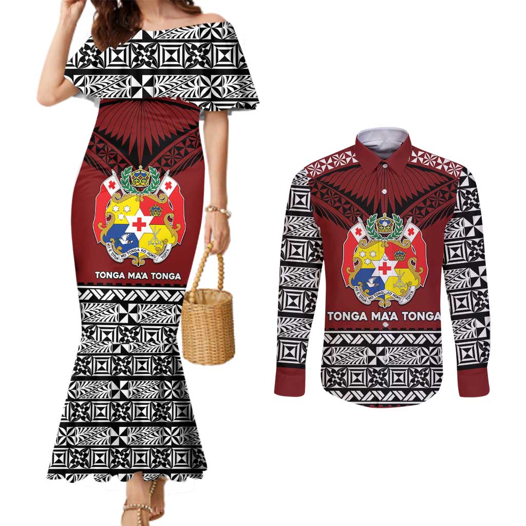 Personalised Tonga Constitution Day Couples Matching Mermaid Dress and Long Sleeve Button Shirt Tongan Kupesi Ngatu Pattern LT05 Red - Polynesian Pride