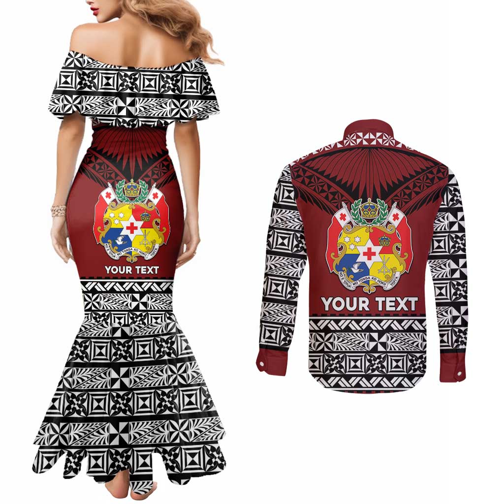 Personalised Tonga Constitution Day Couples Matching Mermaid Dress and Long Sleeve Button Shirt Tongan Kupesi Ngatu Pattern LT05 - Polynesian Pride