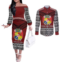 Personalised Tonga Constitution Day Couples Matching Off The Shoulder Long Sleeve Dress and Long Sleeve Button Shirt Tongan Kupesi Ngatu Pattern LT05 Red - Polynesian Pride