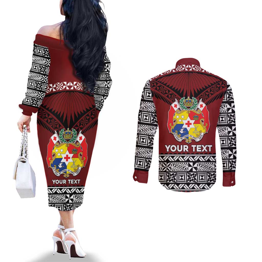 Personalised Tonga Constitution Day Couples Matching Off The Shoulder Long Sleeve Dress and Long Sleeve Button Shirt Tongan Kupesi Ngatu Pattern LT05 - Polynesian Pride