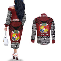 Personalised Tonga Constitution Day Couples Matching Off The Shoulder Long Sleeve Dress and Long Sleeve Button Shirt Tongan Kupesi Ngatu Pattern LT05 - Polynesian Pride