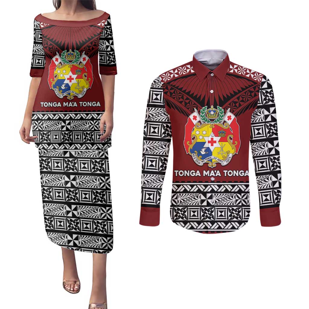 Personalised Tonga Constitution Day Couples Matching Puletasi and Long Sleeve Button Shirt Tongan Kupesi Ngatu Pattern LT05 Red - Polynesian Pride