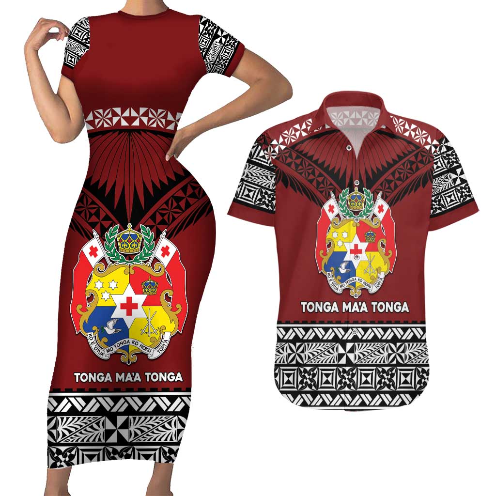 Personalised Tonga Constitution Day Couples Matching Short Sleeve Bodycon Dress and Hawaiian Shirt Tongan Kupesi Ngatu Pattern LT05 Red - Polynesian Pride