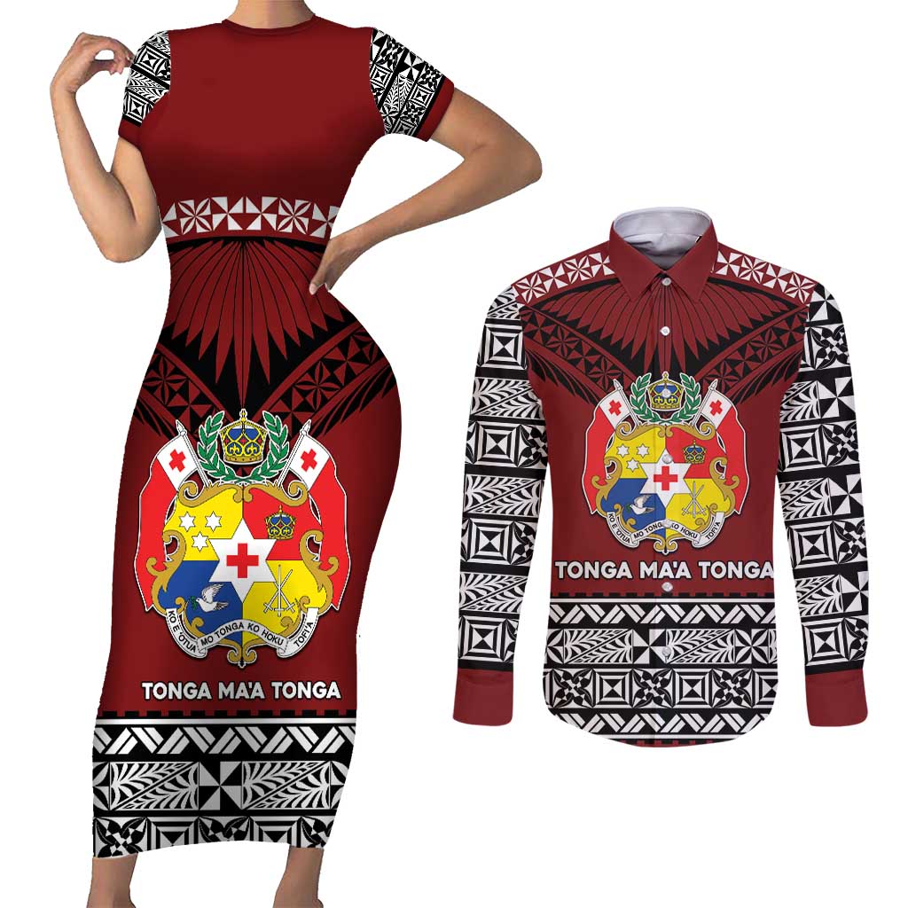Personalised Tonga Constitution Day Couples Matching Short Sleeve Bodycon Dress and Long Sleeve Button Shirt Tongan Kupesi Ngatu Pattern LT05 Red - Polynesian Pride