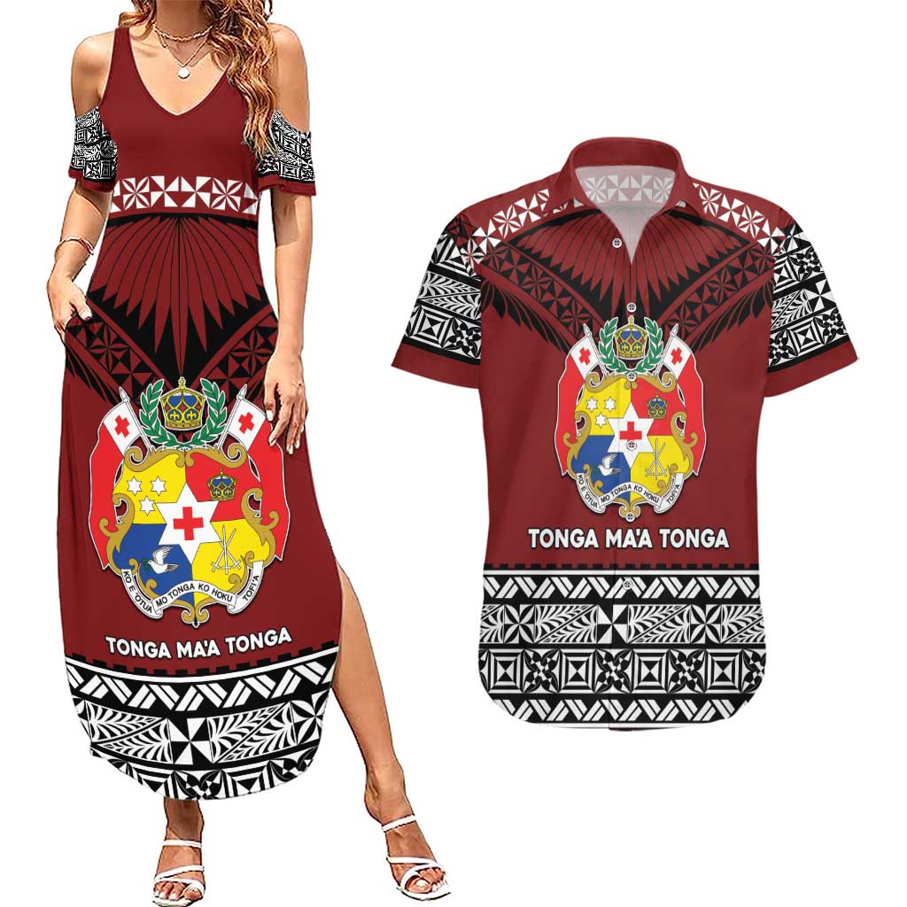 Personalised Tonga Constitution Day Couples Matching Summer Maxi Dress and Hawaiian Shirt Tongan Kupesi Ngatu Pattern LT05 Red - Polynesian Pride