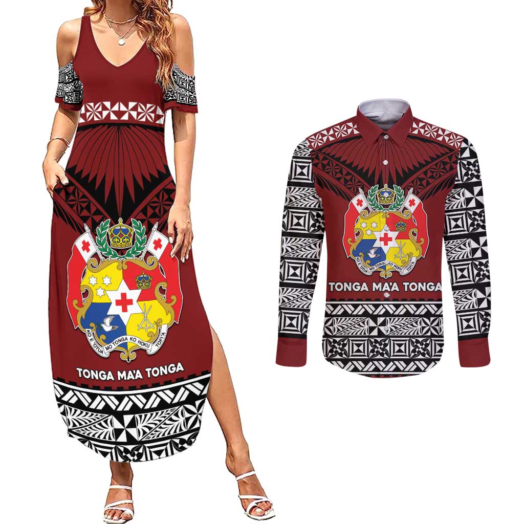 Personalised Tonga Constitution Day Couples Matching Summer Maxi Dress and Long Sleeve Button Shirt Tongan Kupesi Ngatu Pattern LT05 Red - Polynesian Pride