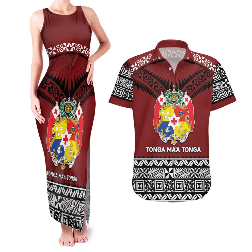 Personalised Tonga Constitution Day Couples Matching Tank Maxi Dress and Hawaiian Shirt Tongan Kupesi Ngatu Pattern LT05 Red - Polynesian Pride