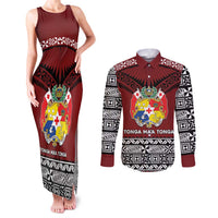 Personalised Tonga Constitution Day Couples Matching Tank Maxi Dress and Long Sleeve Button Shirt Tongan Kupesi Ngatu Pattern LT05 Red - Polynesian Pride