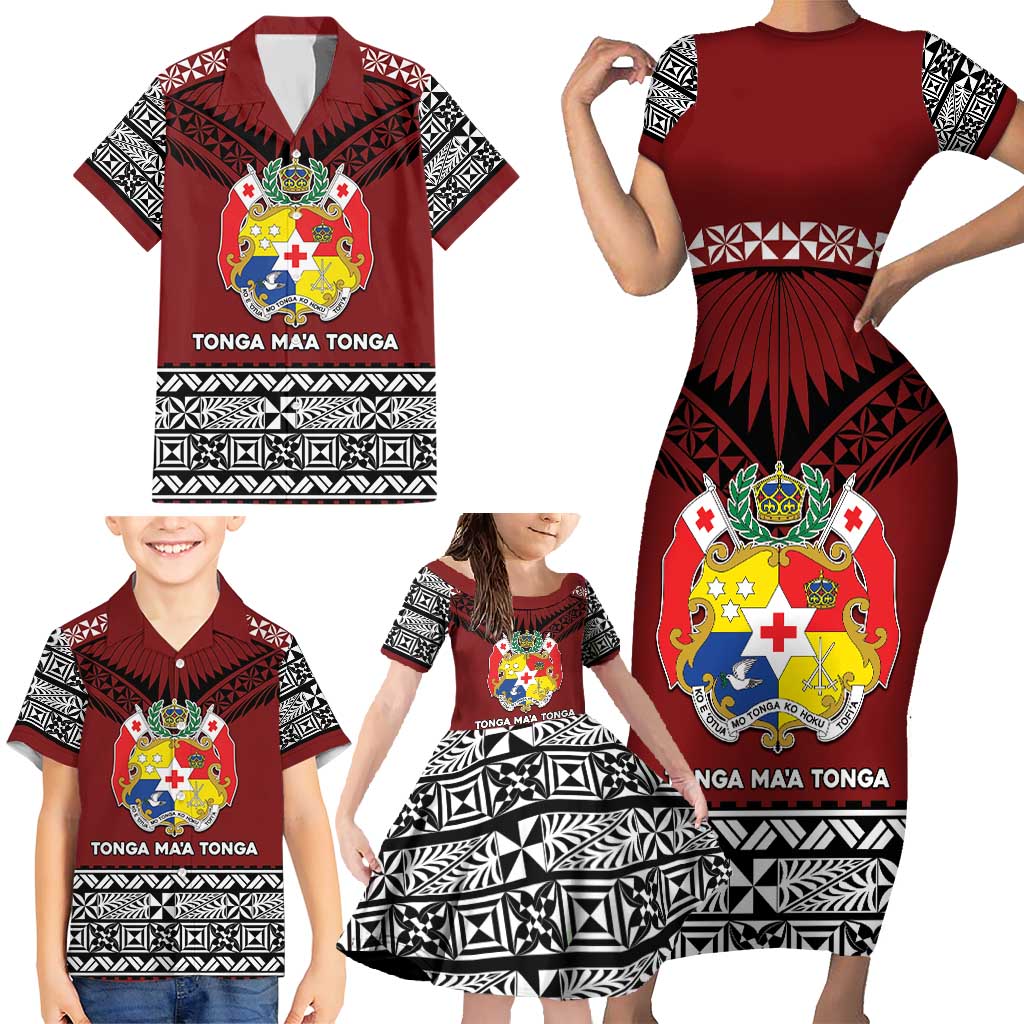 Personalised Tonga Constitution Day Family Matching Short Sleeve Bodycon Dress and Hawaiian Shirt Tongan Kupesi Ngatu Pattern