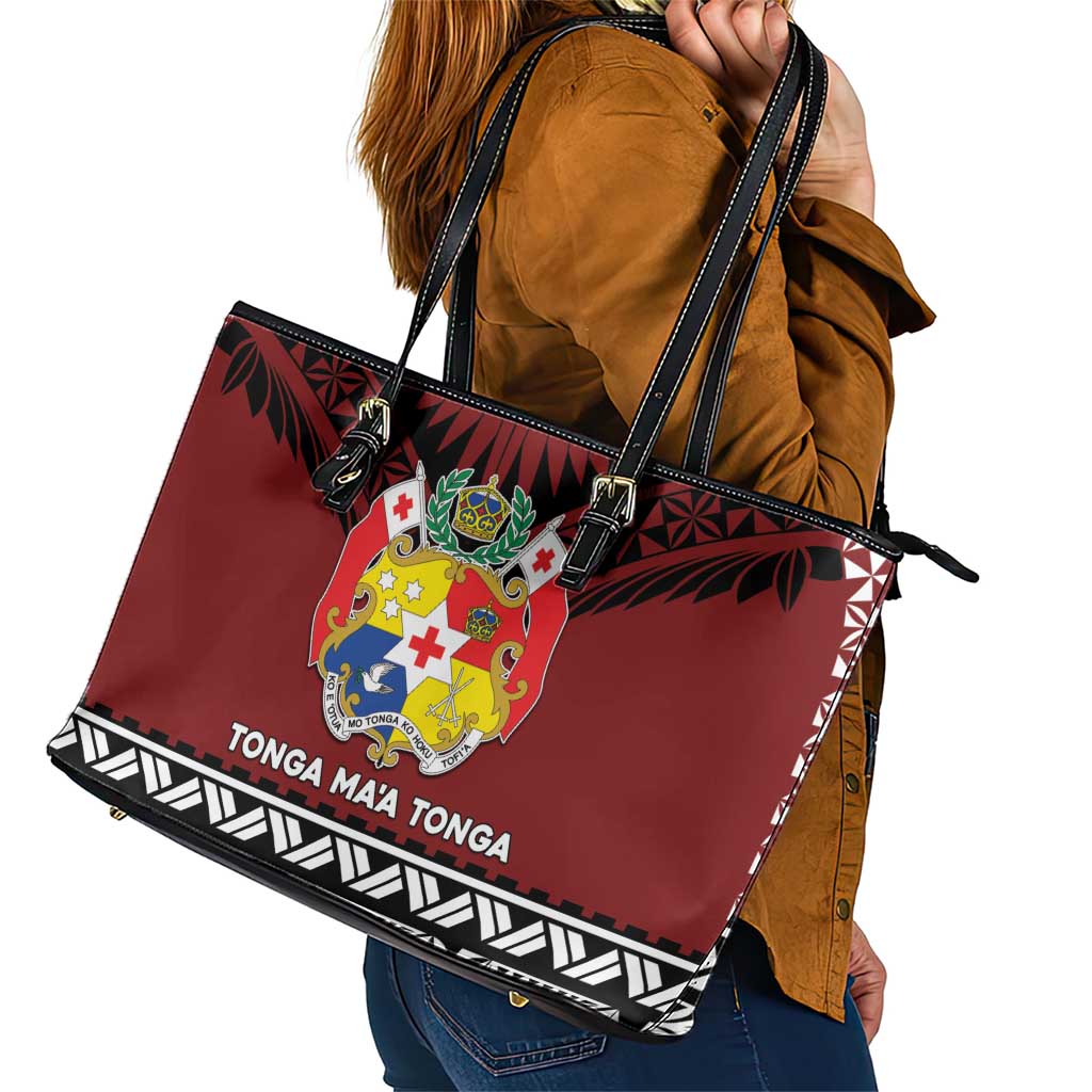 Tonga Constitution Day Leather Tote Bag Tongan Kupesi Ngatu Pattern LT05 - Polynesian Pride