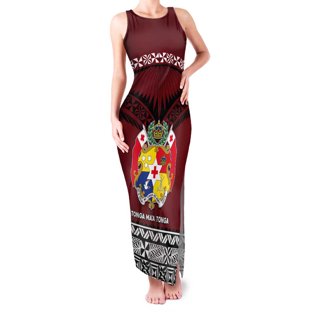 Personalised Tonga Constitution Day Tank Maxi Dress Tongan Kupesi Ngatu Pattern LT05 Women Red - Polynesian Pride