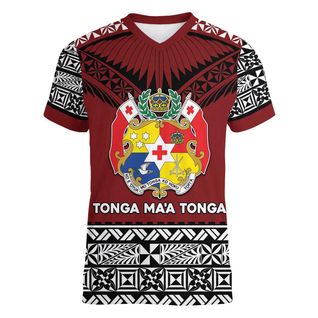 Personalised Tonga Constitution Day Women V-Neck T-Shirt Tongan Kupesi Ngatu Pattern LT05 Female Red - Polynesian Pride