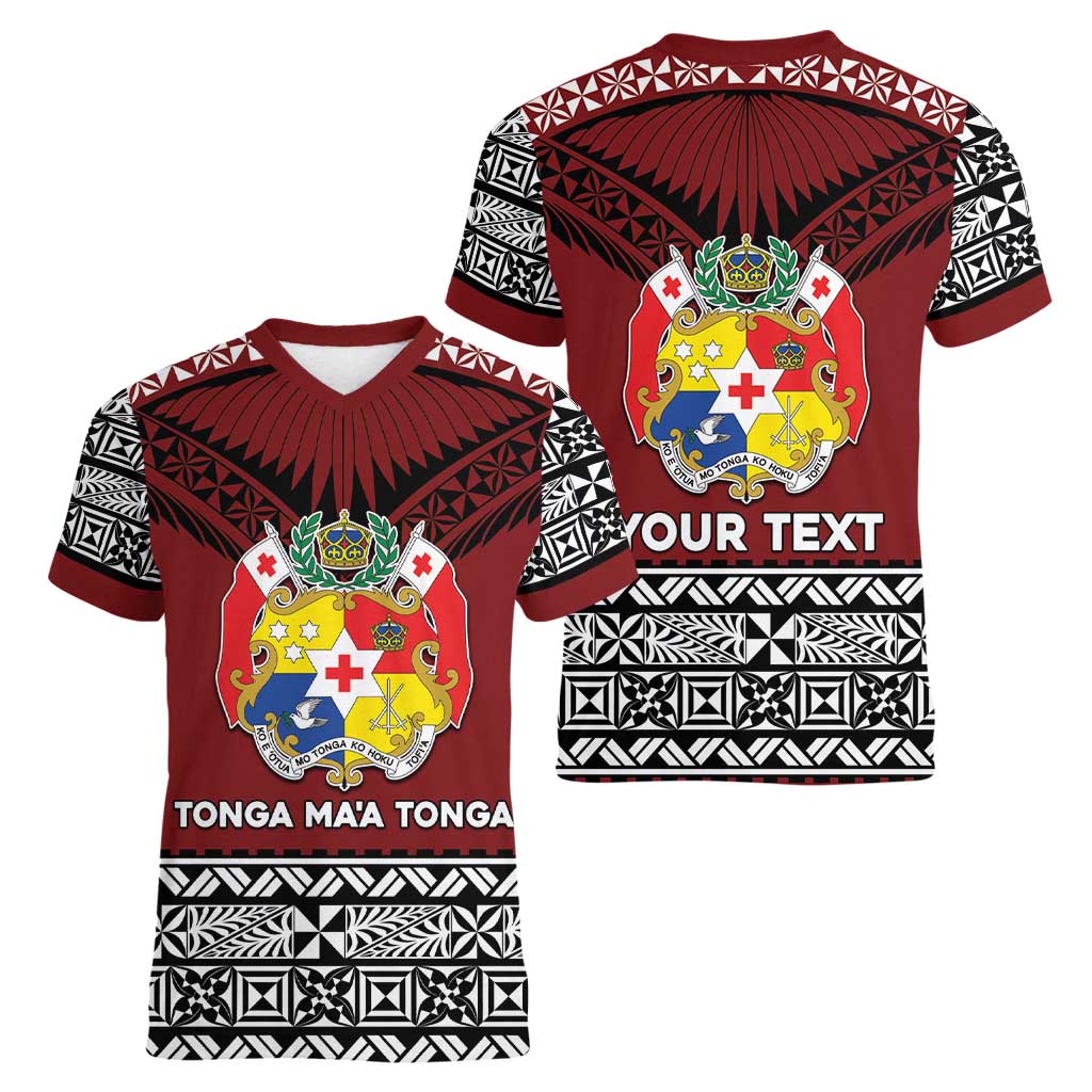 Personalised Tonga Constitution Day Women V-Neck T-Shirt Tongan Kupesi Ngatu Pattern LT05 - Polynesian Pride