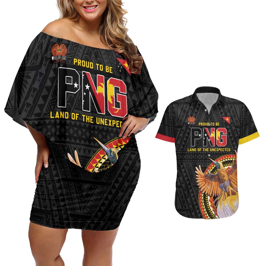 Papua New Guinea Tok Pisin Wik Couples Matching Off Shoulder Short Dress and Hawaiian Shirt Land Of The Unexpected LT05 Black - Polynesian Pride