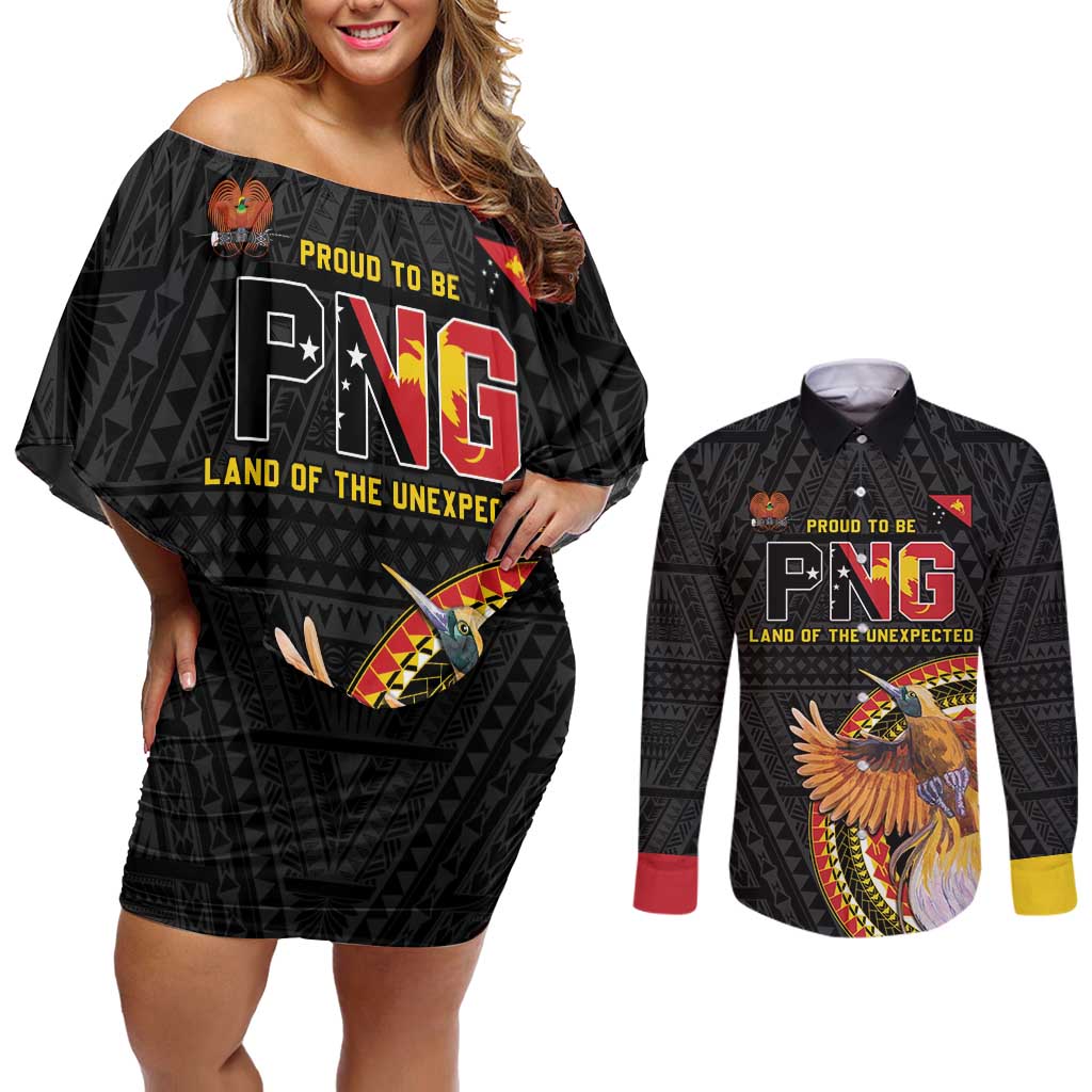 Papua New Guinea Tok Pisin Wik Couples Matching Off Shoulder Short Dress and Long Sleeve Button Shirt Land Of The Unexpected LT05 Black - Polynesian Pride