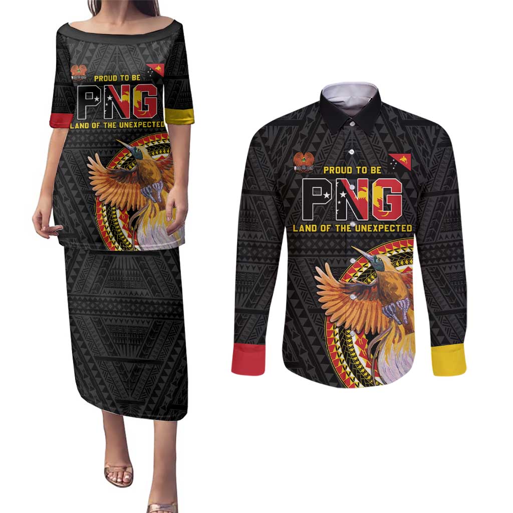 Papua New Guinea Tok Pisin Wik Couples Matching Puletasi and Long Sleeve Button Shirt Land Of The Unexpected LT05 Black - Polynesian Pride