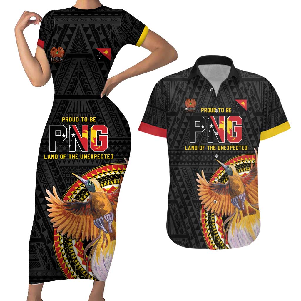 Papua New Guinea Tok Pisin Wik Couples Matching Short Sleeve Bodycon Dress and Hawaiian Shirt Land Of The Unexpected LT05 Black - Polynesian Pride