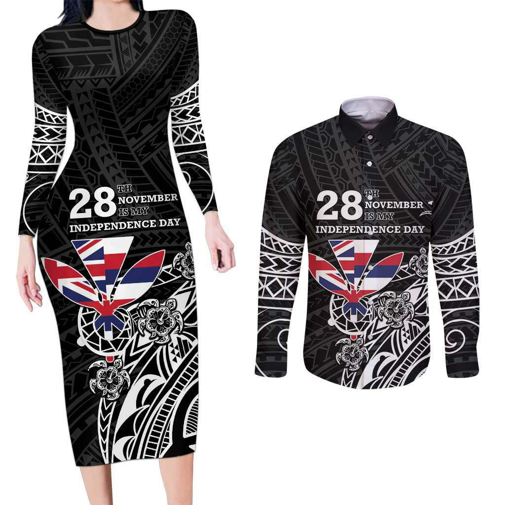 Hawaii November 28th Is My Independence Day Couples Matching Long Sleeve Bodycon Dress and Long Sleeve Button Shirt LT05 Black - Polynesian Pride