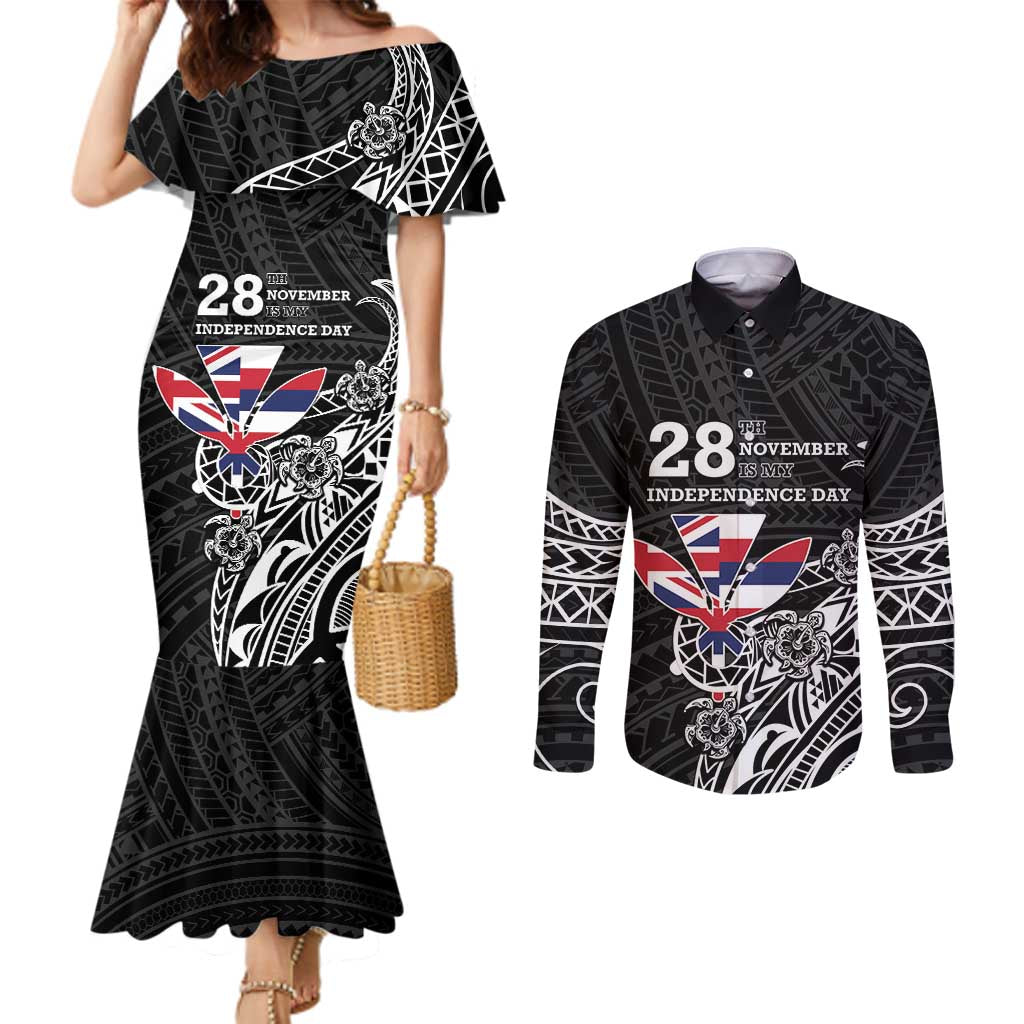 Hawaii November 28th Is My Independence Day Couples Matching Mermaid Dress and Long Sleeve Button Shirt LT05 Black - Polynesian Pride