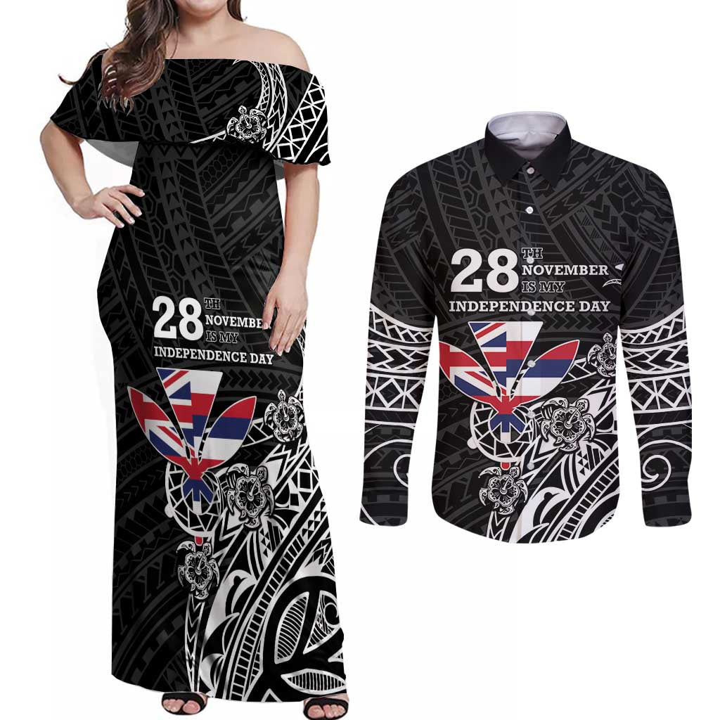 Hawaii November 28th Is My Independence Day Couples Matching Off Shoulder Maxi Dress and Long Sleeve Button Shirt LT05 Black - Polynesian Pride
