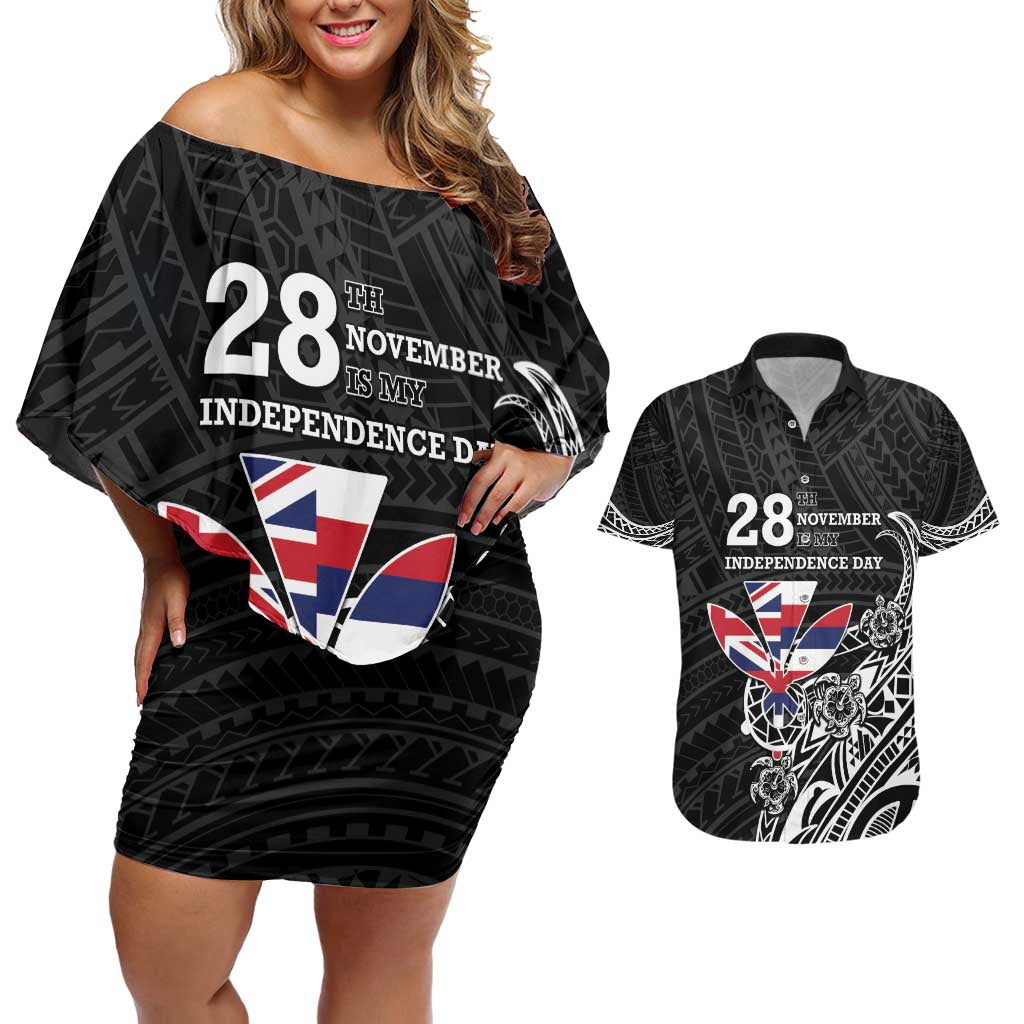 Hawaii November 28th Is My Independence Day Couples Matching Off Shoulder Short Dress and Hawaiian Shirt LT05 Black - Polynesian Pride