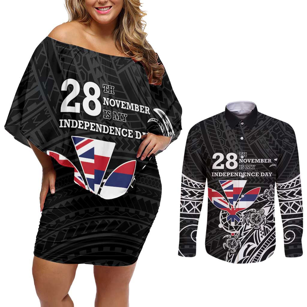 Hawaii November 28th Is My Independence Day Couples Matching Off Shoulder Short Dress and Long Sleeve Button Shirt LT05 Black - Polynesian Pride