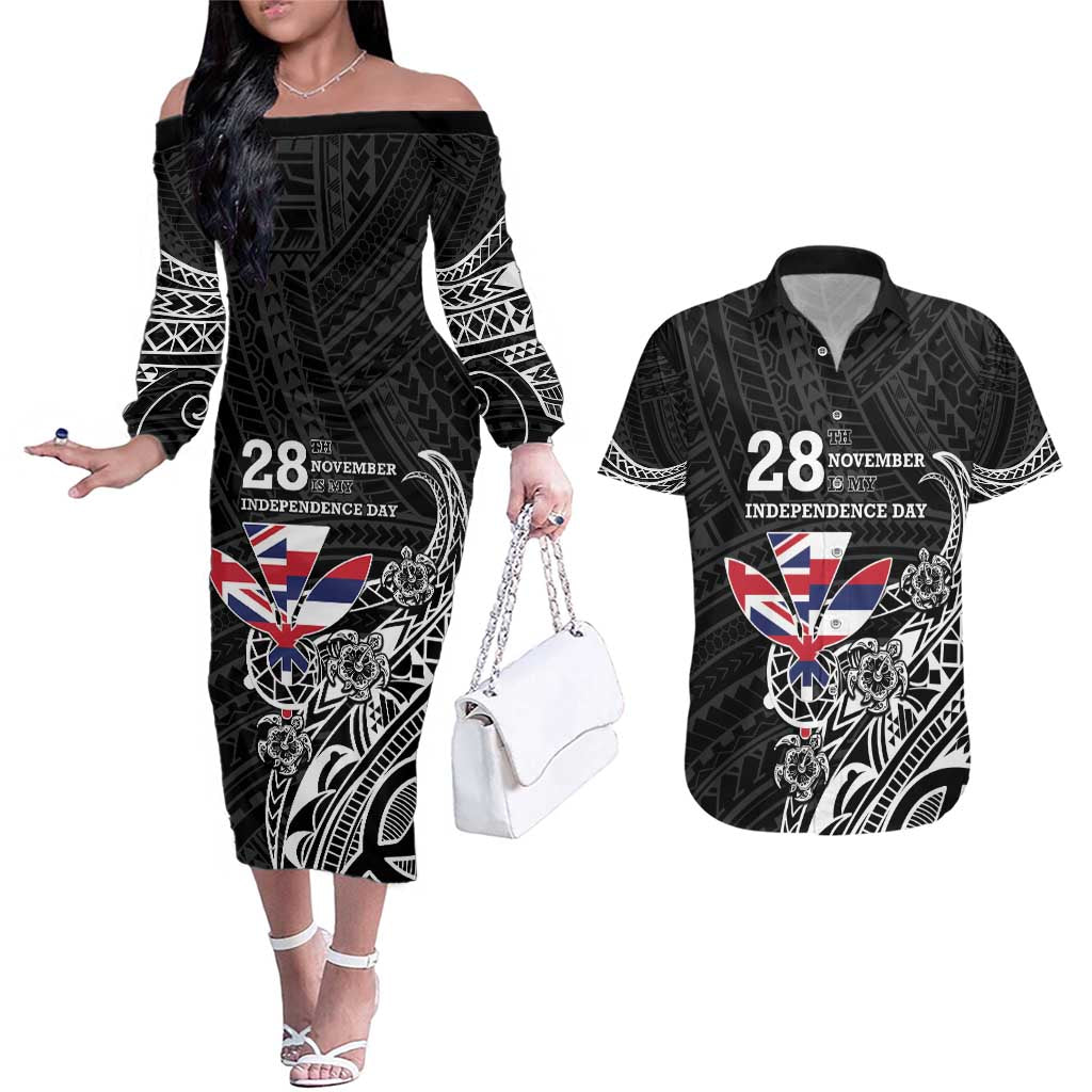 Hawaii November 28th Is My Independence Day Couples Matching Off The Shoulder Long Sleeve Dress and Hawaiian Shirt LT05 Black - Polynesian Pride
