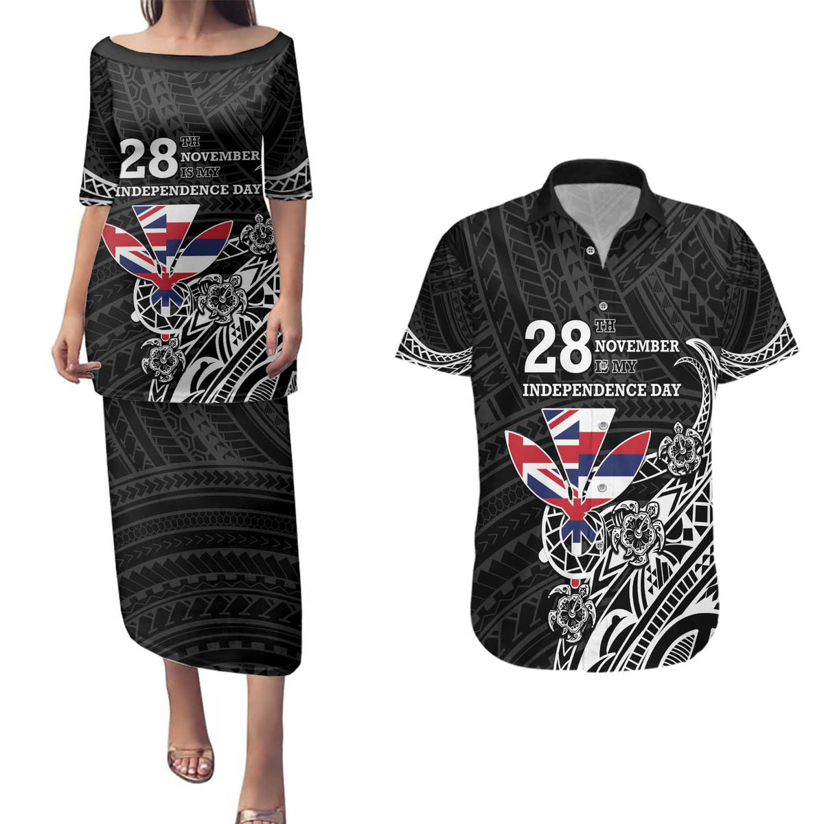 Hawaii November 28th Is My Independence Day Couples Matching Puletasi and Hawaiian Shirt LT05 Black - Polynesian Pride