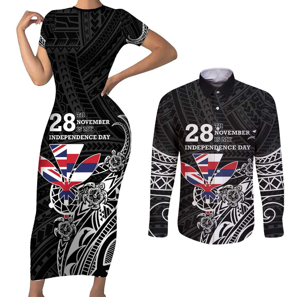 Hawaii November 28th Is My Independence Day Couples Matching Short Sleeve Bodycon Dress and Long Sleeve Button Shirt LT05 Black - Polynesian Pride