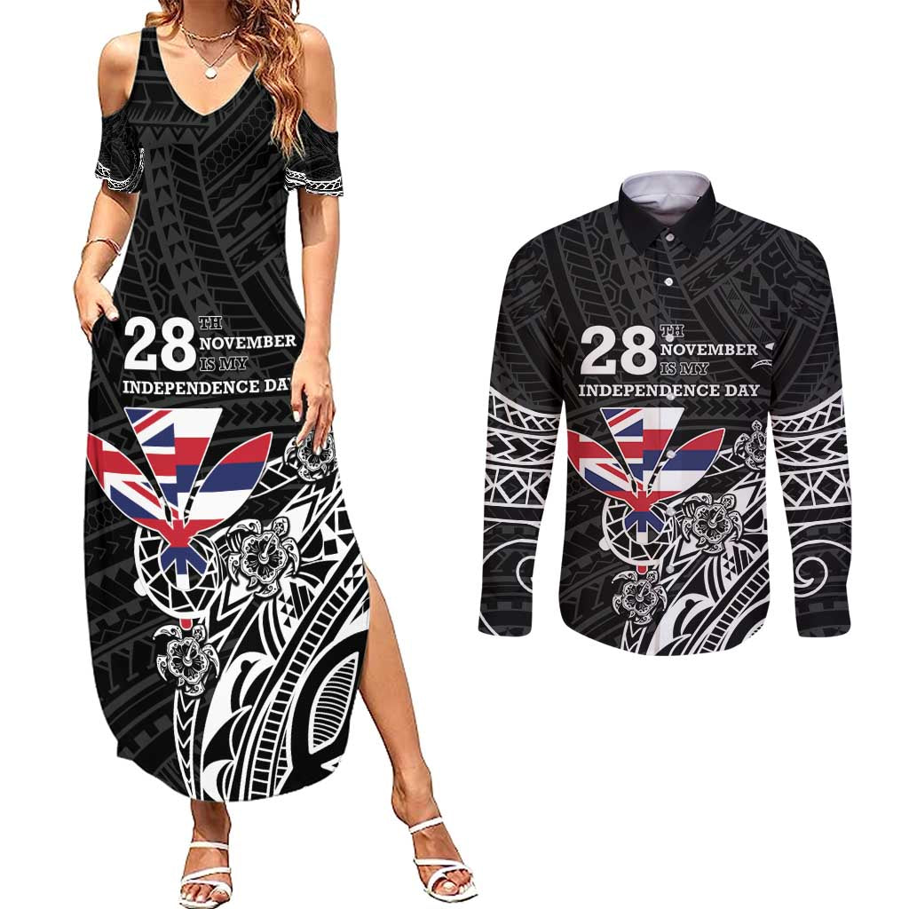 Hawaii November 28th Is My Independence Day Couples Matching Summer Maxi Dress and Long Sleeve Button Shirt LT05 Black - Polynesian Pride