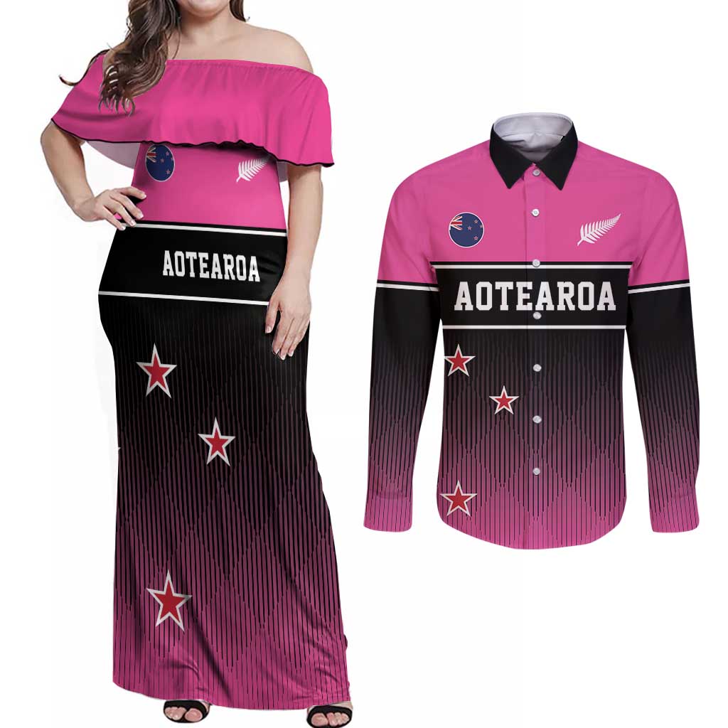 Custom New Zealand Women Cricket Couples Matching Off Shoulder Maxi Dress and Long Sleeve Button Shirt Pink Simple Style LT05 Pink - Polynesian Pride