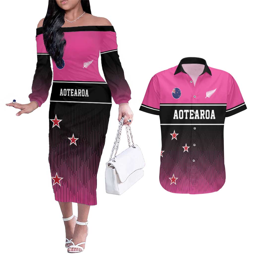 Custom New Zealand Women Cricket Couples Matching Off The Shoulder Long Sleeve Dress and Hawaiian Shirt Pink Simple Style LT05 Pink - Polynesian Pride