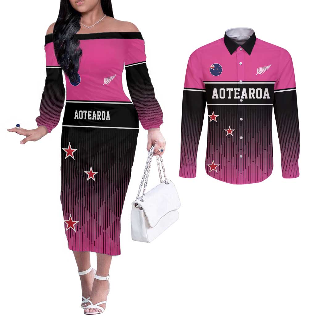 Custom New Zealand Women Cricket Couples Matching Off The Shoulder Long Sleeve Dress and Long Sleeve Button Shirt Pink Simple Style LT05 Pink - Polynesian Pride