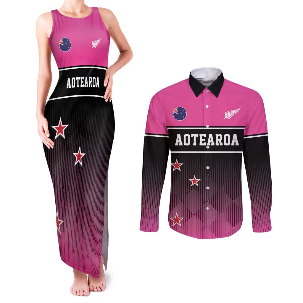 Custom New Zealand Women Cricket Couples Matching Tank Maxi Dress and Long Sleeve Button Shirt Pink Simple Style LT05 Pink - Polynesian Pride