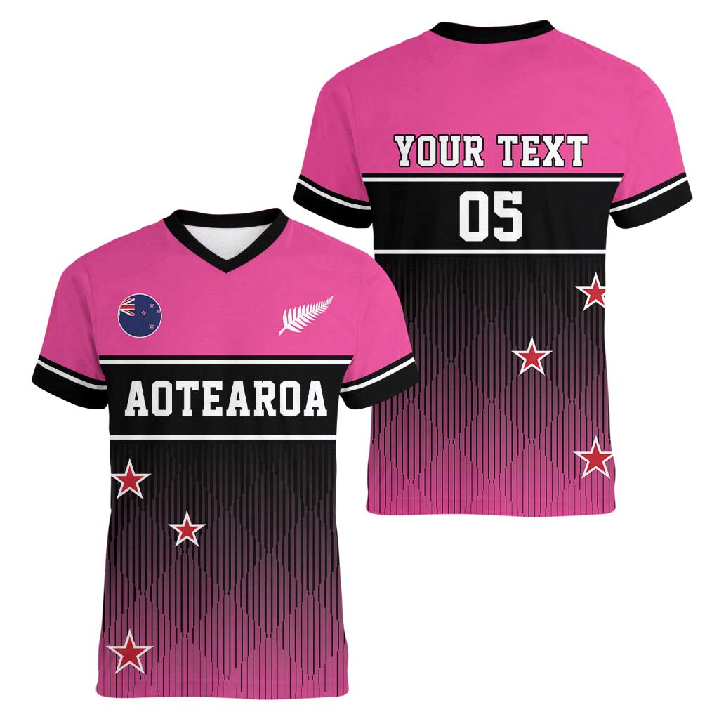 Custom New Zealand Women Cricket Women V-Neck T-Shirt Pink Simple Style