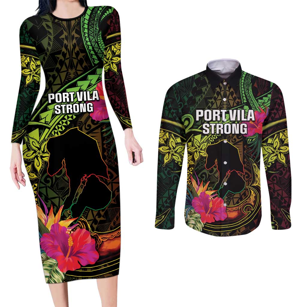 Vanuatu Couples Matching Long Sleeve Bodycon Dress and Long Sleeve Button Shirt Be Strong Pray For Port Vila LT05 Black - Polynesian Pride