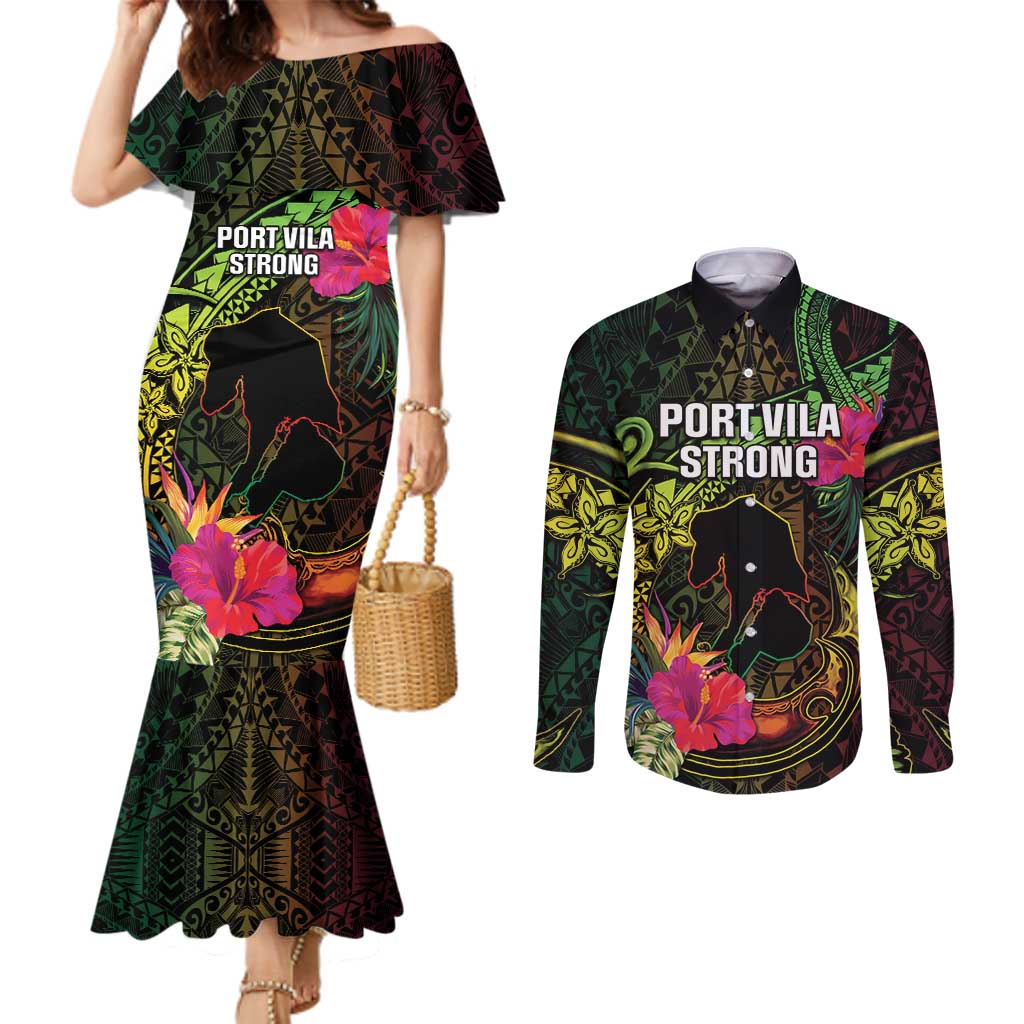 Vanuatu Couples Matching Mermaid Dress and Long Sleeve Button Shirt Be Strong Pray For Port Vila LT05 Black - Polynesian Pride