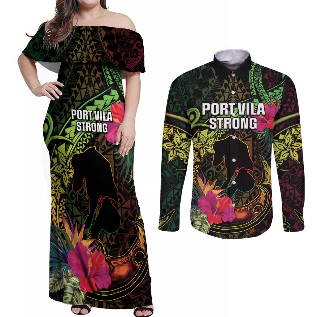 Vanuatu Couples Matching Off Shoulder Maxi Dress and Long Sleeve Button Shirt Be Strong Pray For Port Vila LT05 Black - Polynesian Pride