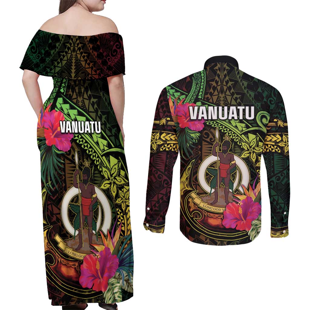 Vanuatu Couples Matching Off Shoulder Maxi Dress and Long Sleeve Button Shirt Be Strong Pray For Port Vila LT05 - Polynesian Pride