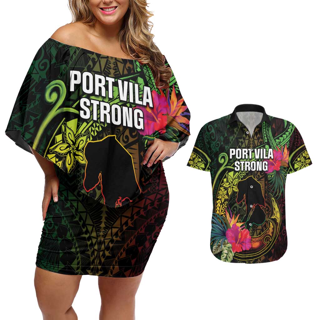 Vanuatu Couples Matching Off Shoulder Short Dress and Hawaiian Shirt Be Strong Pray For Port Vila LT05 Black - Polynesian Pride