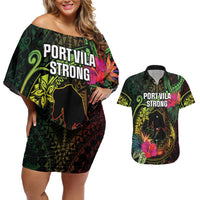Vanuatu Couples Matching Off Shoulder Short Dress and Hawaiian Shirt Be Strong Pray For Port Vila LT05 Black - Polynesian Pride