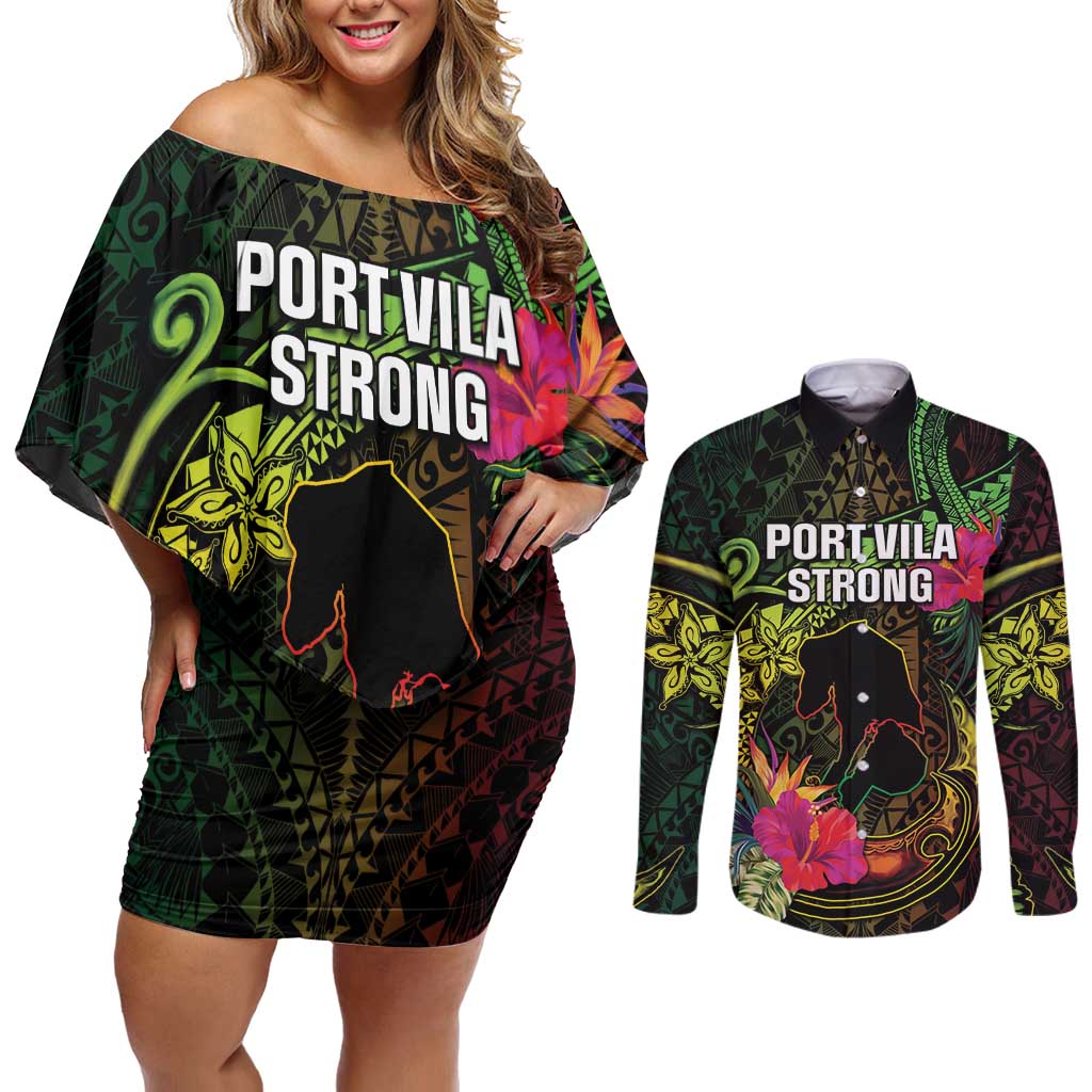 Vanuatu Couples Matching Off Shoulder Short Dress and Long Sleeve Button Shirt Be Strong Pray For Port Vila LT05 Black - Polynesian Pride