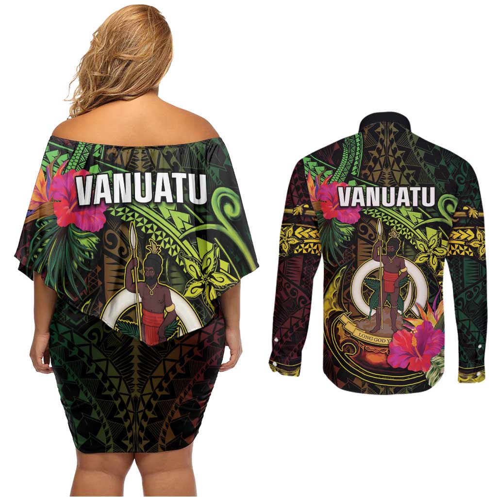 Vanuatu Couples Matching Off Shoulder Short Dress and Long Sleeve Button Shirt Be Strong Pray For Port Vila LT05 - Polynesian Pride
