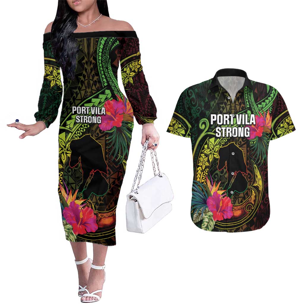 Vanuatu Couples Matching Off The Shoulder Long Sleeve Dress and Hawaiian Shirt Be Strong Pray For Port Vila LT05 Black - Polynesian Pride